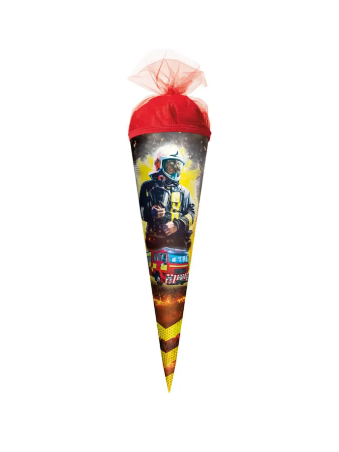 Schultüte klein Feuerwehrmann 50 cm, rund in Rot