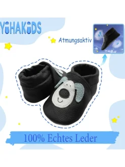 Schwarze Baby Leder Krabbelschuhe, mit rutschfester Sohle – Hund-Muster