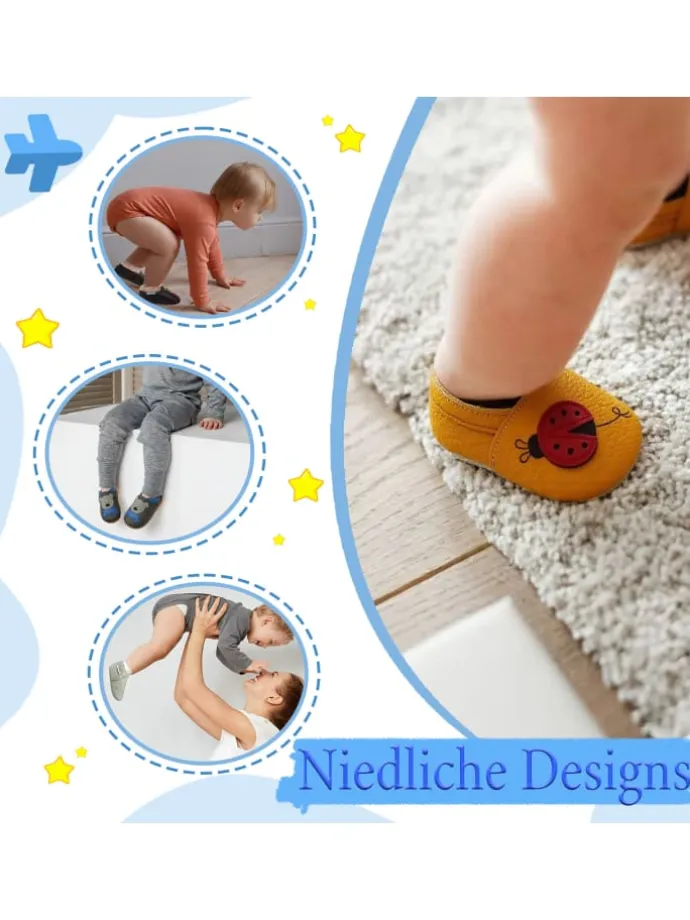 Schwarze Baby-Leder-Laufschuhe, komfortabel mit rutschfester Sohle - Raupenmotiv