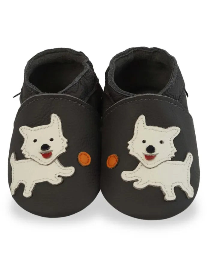 Schwarze Babyschuhe aus Leder für Kleinkinder, rutschfeste Sohlen - Welpenmuster