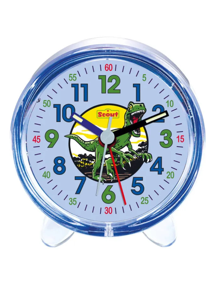 Scout Wecker analog mit blauem Gehäuse, Lernziffernblatt und Dino-Motiv in blau
