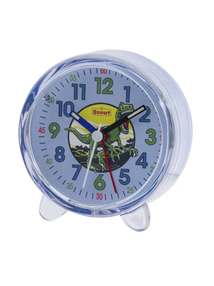 Scout Wecker analog mit blauem Gehäuse, Lernziffernblatt und Dino-Motiv in blau