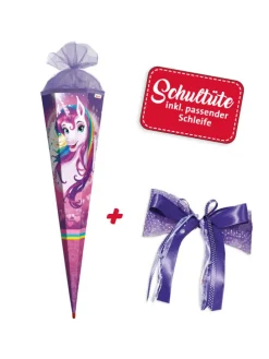 Set Schultüte groß Einhornportrait 85 cm mit Schleife in Bunt
