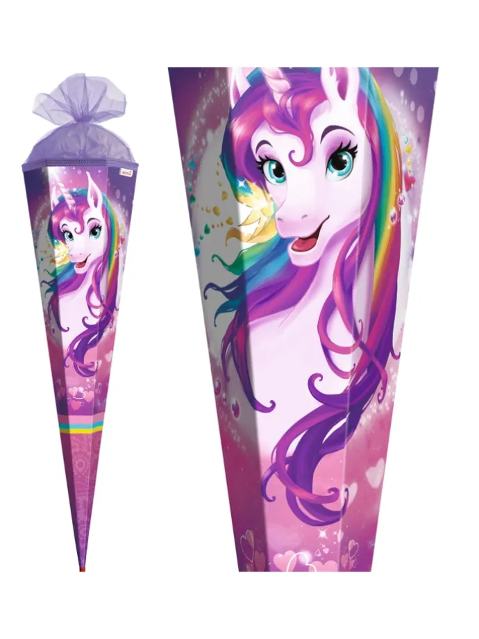 Set Schultüte groß Einhornportrait 85 cm mit Schleife in Bunt