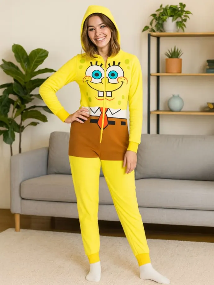 SpongeBob Schwammkopf Kostüm Overall Kapuze Onesie Jumpsuit Einteiler in gelb