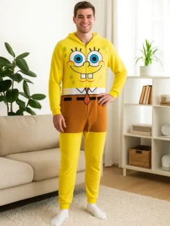 SpongeBob Schwammkopf Kostüm Overall Kapuze Onesie Jumpsuit Einteiler in gelb
