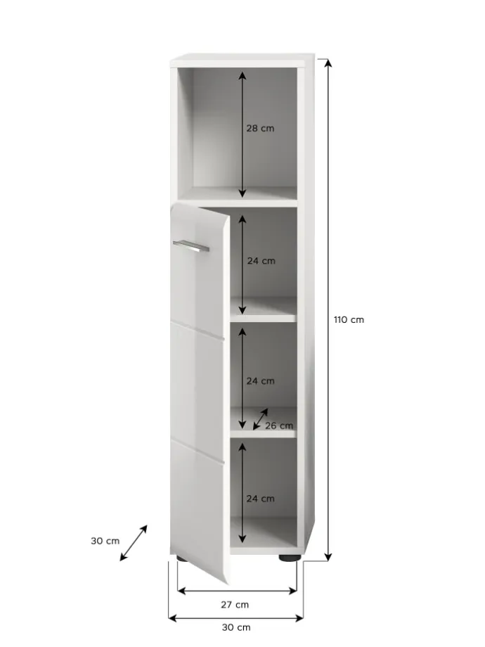 Standschrank hoch in Weiß/Weiß Hochglanz - (B) 30 x (H) 110 x (T) 30