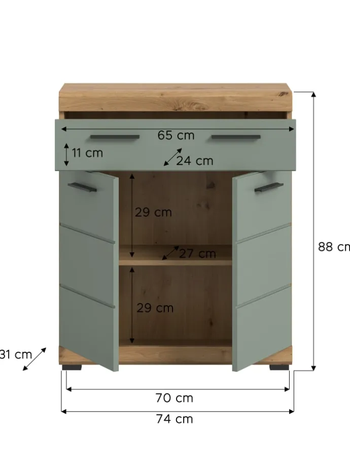 Standschrank in Artisan Eiche/Salbei - (B) 74 x (H) 88 x (T) 31