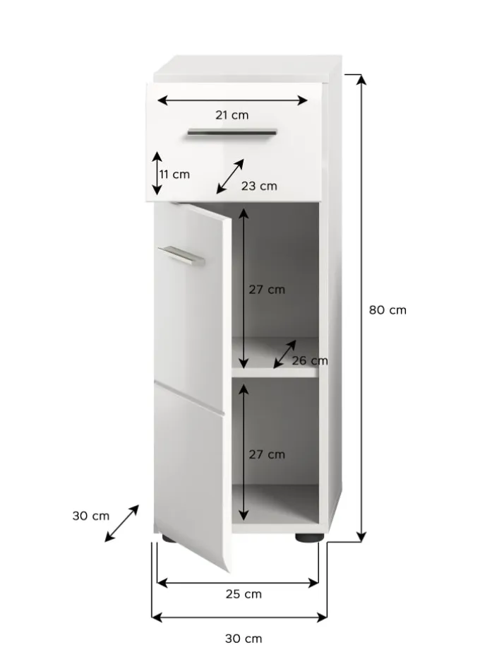 Standschrank in Weiß/Weiß Hochglanz - (B) 30 x (H) 80 x (T) 30