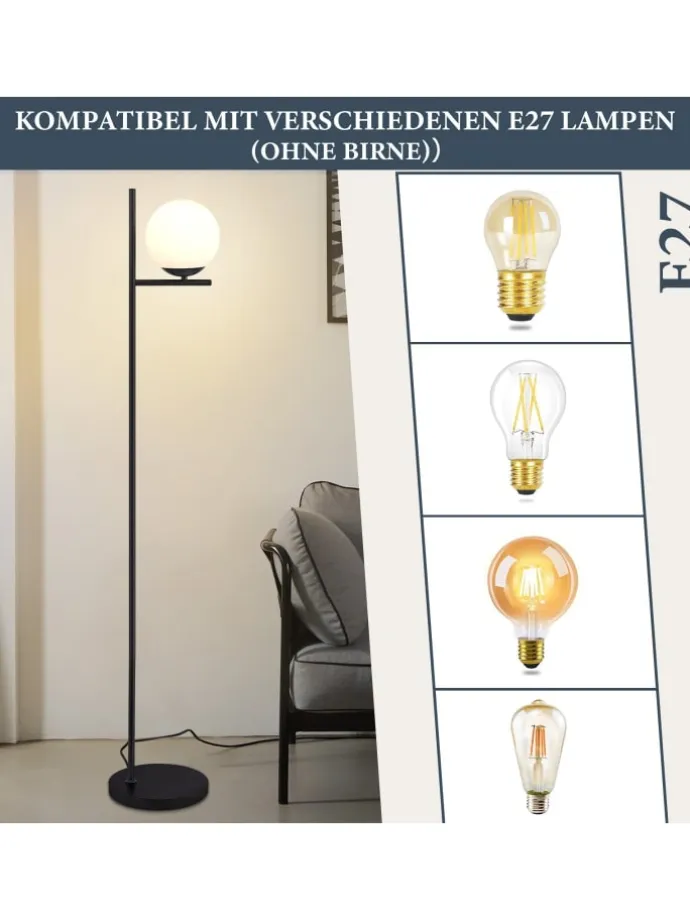 Stehlampe 1-flammige E27 in schwarz Glasschrim