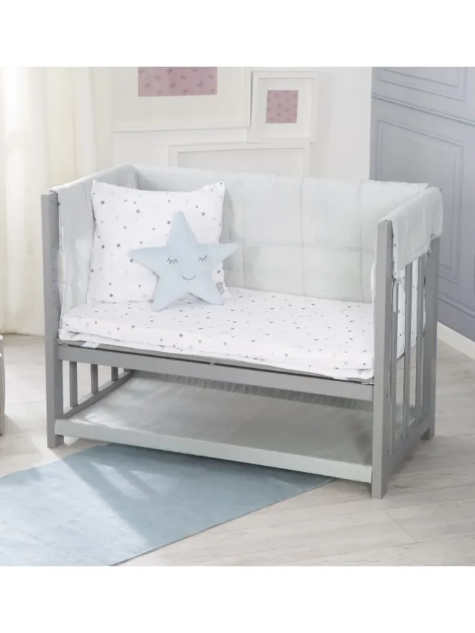 Stubenbett 3 in 1, Beistellbett ‚Sternenzauber grau, Babybett, Kinderbank, taupe