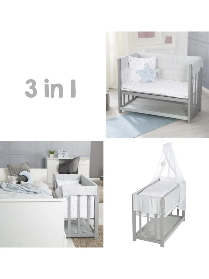 Stubenbett 3 in 1, Beistellbett ‚Sternenzauber grau, Babybett, Kinderbank, taupe