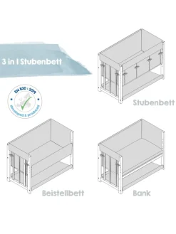 Stubenbett 3 in 1, Beistellbett ‚Sternenzauber grau, Babybett, Kinderbank, taupe