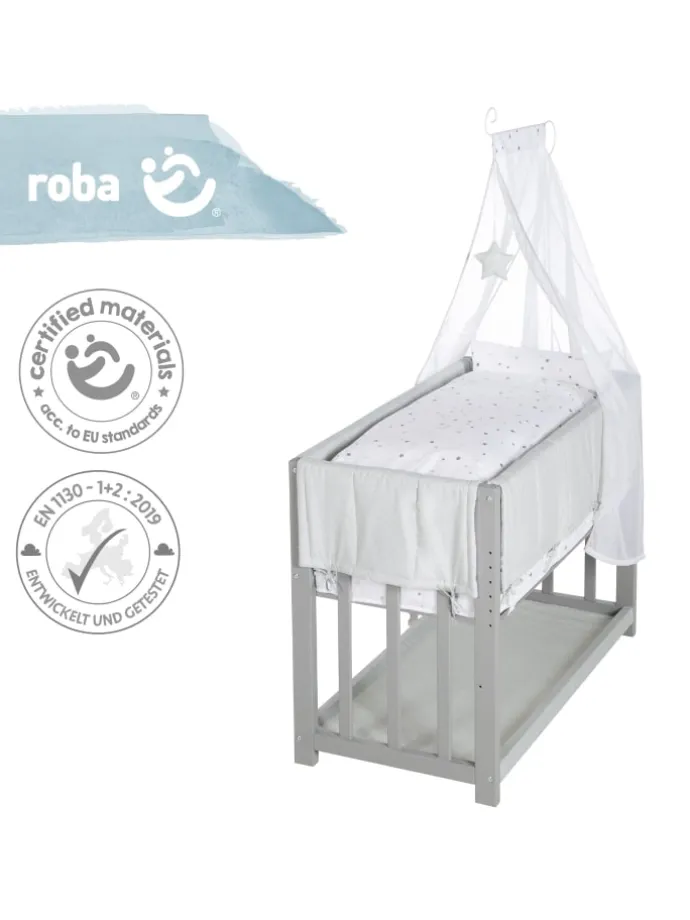 Stubenbett 3 in 1, Beistellbett ‚Sternenzauber grau, Babybett, Kinderbank, taupe