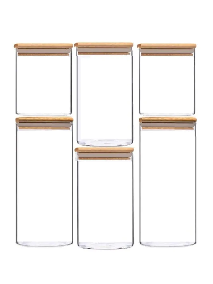 6-teiliges Glas Vorratsdosen-Set mit Bambusdeckel in Transparent
