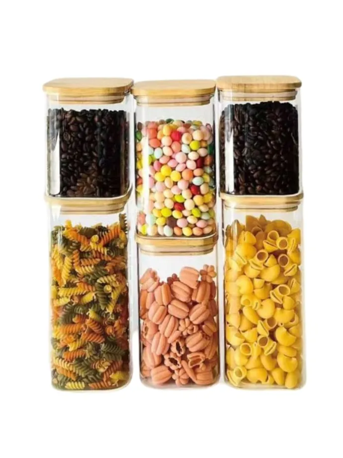 6-teiliges Glas Vorratsdosen-Set mit Bambusdeckel in Transparent