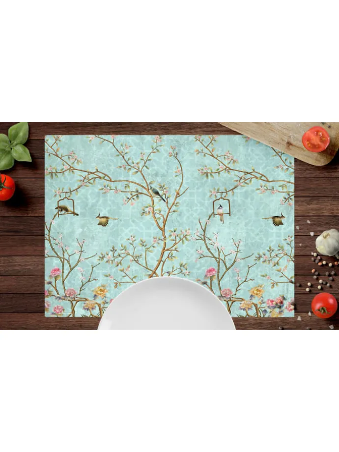 Tischsets I Platzsets abwaschbar - Florales Vintage Motiv mit Vägeln - aus erstklassigem Vinyl (Kunststoff Ð BPA-frei) - 4 Stück - 44 x 32 cm - rutschfeste Tischdekoration