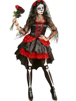 2tlg. Kostüm "BRAUT DIA DE LOS MUERTOS" in Schwarz/ Rot