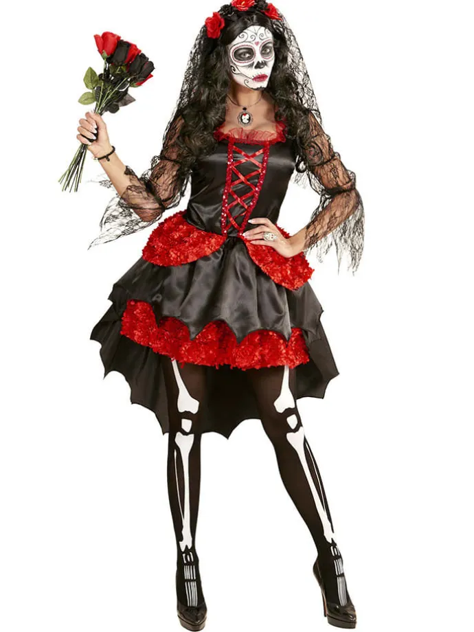 2tlg. Kostüm "BRAUT DIA DE LOS MUERTOS" in Schwarz/ Rot
