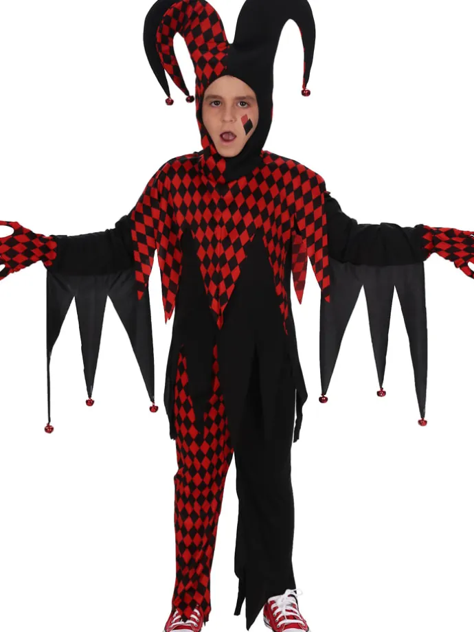 3tlg. Kostüm "Crazy Harlequin" in Schwarz/ Rot