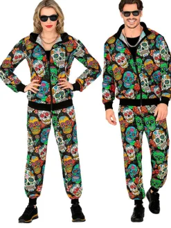 2tlg. Kostüm "PARTY FASHION TRAININGSANZUG DIA DE LOS MUERTOS" in Schwarz/ Bunt