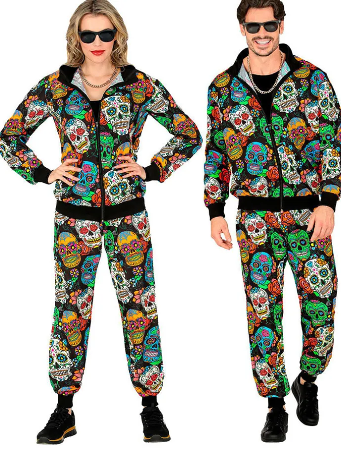 2tlg. Kostüm "PARTY FASHION TRAININGSANZUG DIA DE LOS MUERTOS" in Schwarz/ Bunt