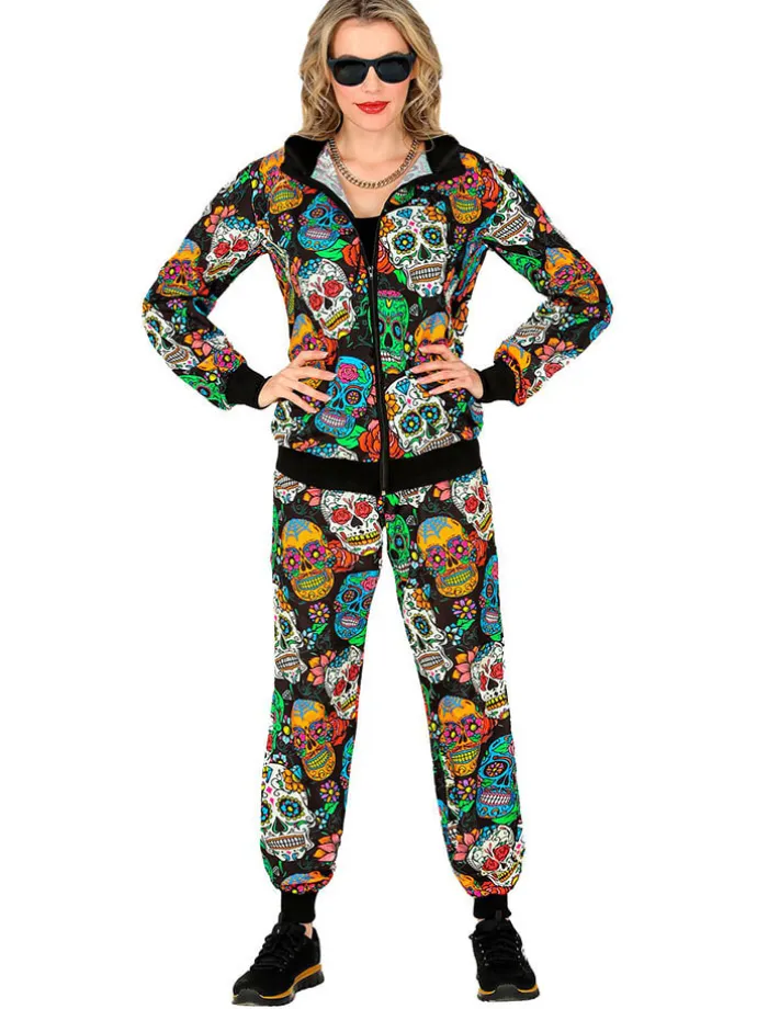 2tlg. Kostüm "PARTY FASHION TRAININGSANZUG DIA DE LOS MUERTOS" in Schwarz/ Bunt