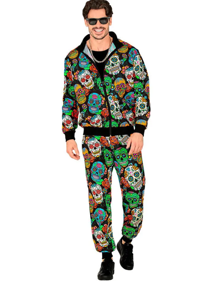 2tlg. Kostüm "PARTY FASHION TRAININGSANZUG DIA DE LOS MUERTOS" in Schwarz/ Bunt