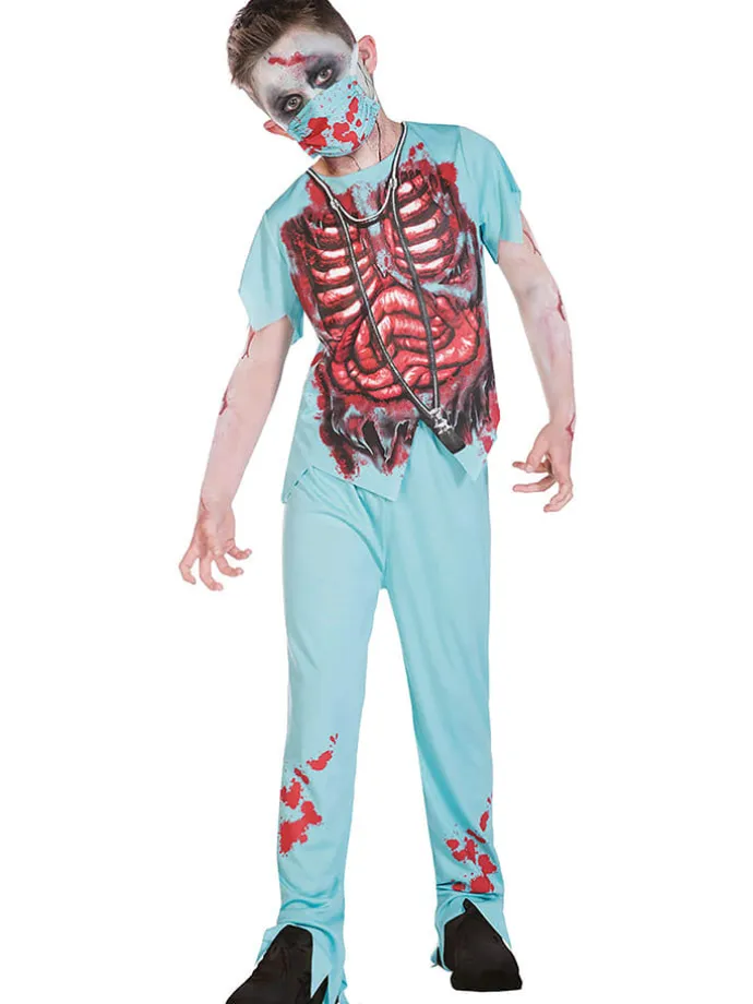 4tlg. Kostüm "Zombie-Chirurg" in Türkis/ Rot