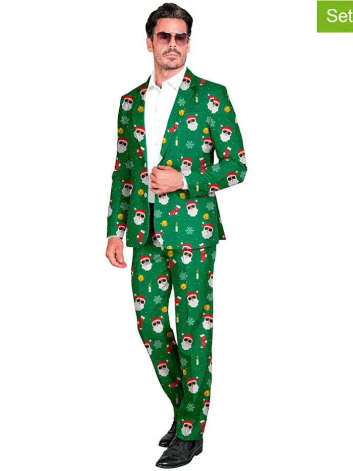 2tlg. Outfit "Santa Claus" - Kostümsakko und -hose in Grün/ Weiß
