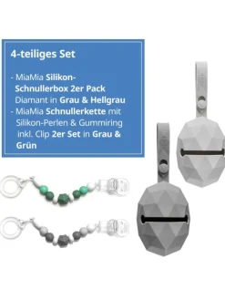 4-tlg. Schnuller-Zubehör-Set - 2x Silikon-Schnullerbox in grau,gruen