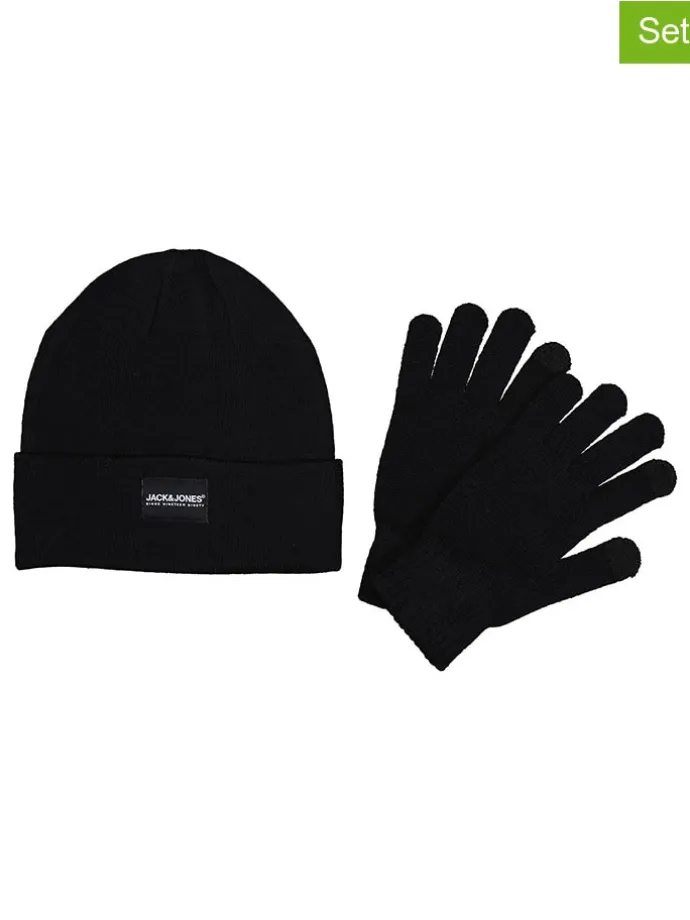 2tlg. Set: Beanie und Handschuhe in Schwarz