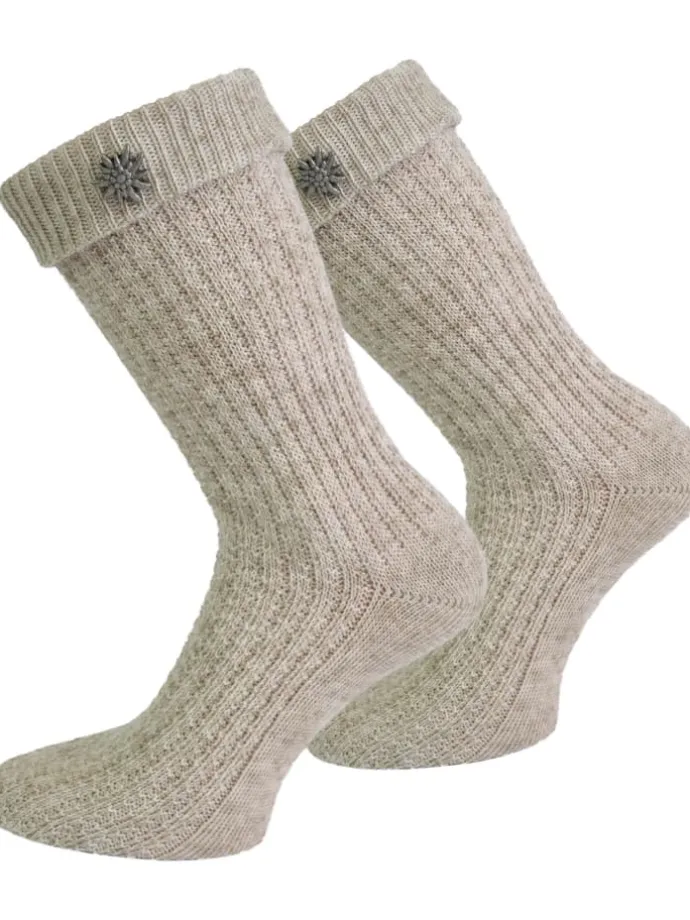 Trachtensocken mit Edelweiß-Pin in Naturmelange