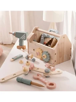 Werkzeugkiste Werkzeugkasten Kinder mit 45 tlg. Zubehör aus Holz ab 3 Jahre