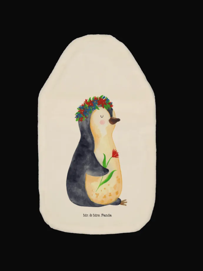 Wärmflasche Pinguin Blumen ohne Spruch in Weiß